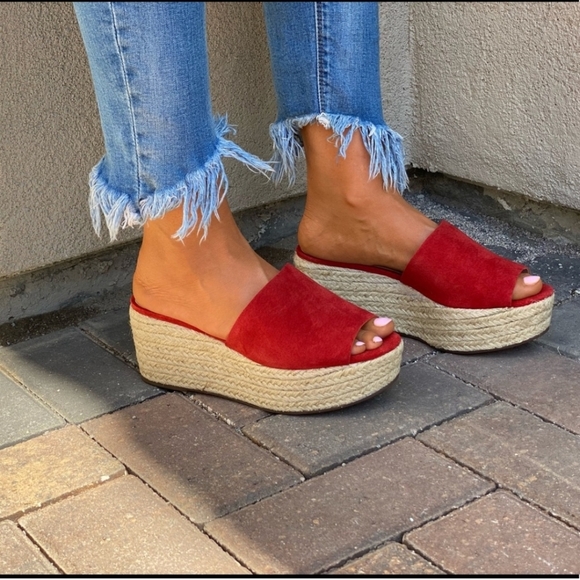 Schutz Red Suede Slide Espadrille Wedge Sandals - Picture 5 of 9